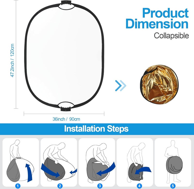 Wellmaking 35''x47'' (90x120cm) Reflector Photography with Threaded Handle, Collapsible Light Reflector with Bag & tilt Adapter, 5in1 Reflector for Studio - Translucent, Silver, Gold, White and Black - Image 5